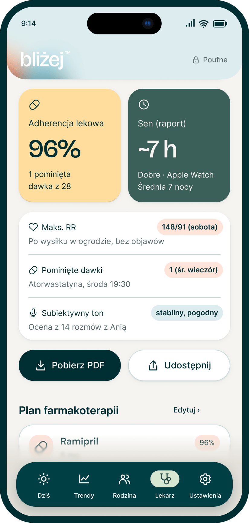 Ekran aplikacji Bliżej z podsumowaniem zdrowia i planem farmakoterapii
