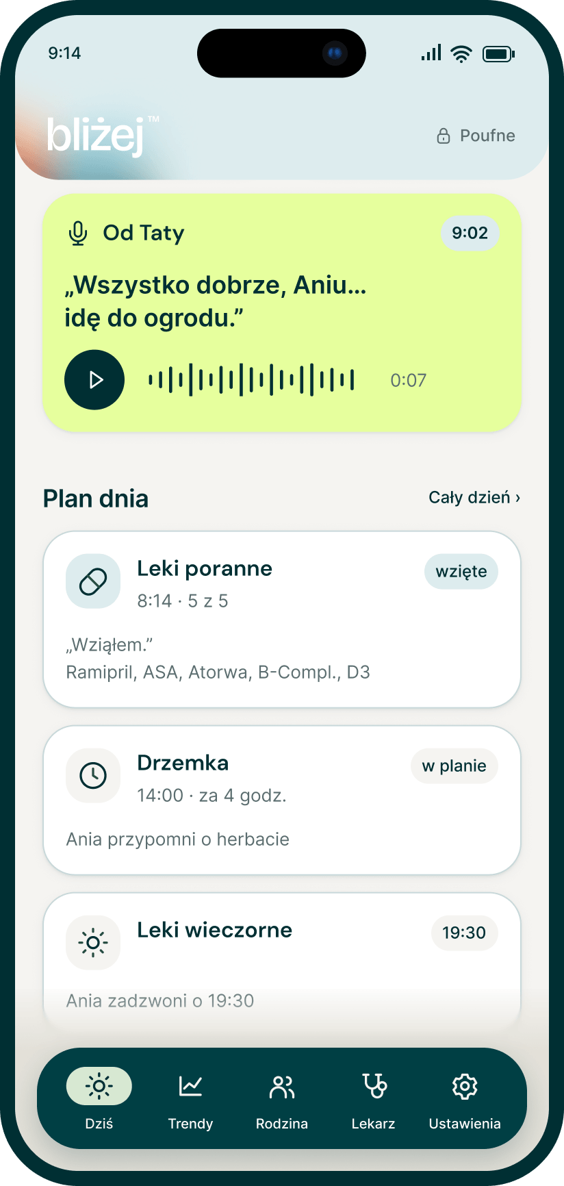 Ekran aplikacji Bliżej z wiadomością głosową od taty